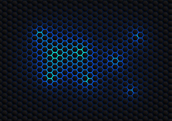Poster - Technology background honeycomb Use geometric shapes to form a dark tone into a hexagonal shape, inserting the blue tone behind. Emphasis on technology-related posters or illustrations
