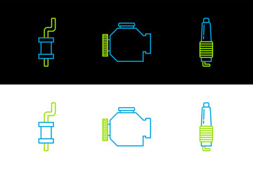 Poster - Set line Car spark plug, muffler and Check engine icon. Vector