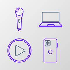 Sticker - Set line Smartphone, mobile phone, Play in circle, Laptop and Microphone icon. Vector