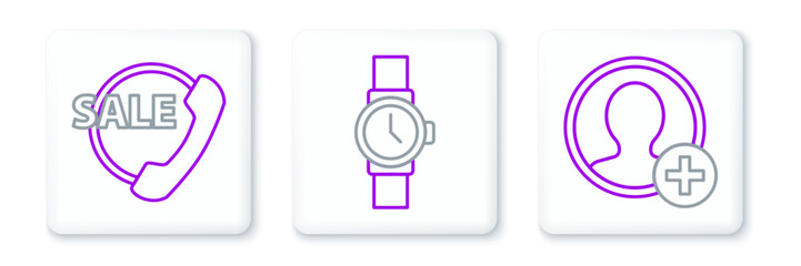 Sticker - Set line Create account screen, Telephone 24 hours support and Wrist watch icon. Vector