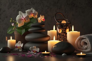 Spa with aromatic candles, flower and towel. AI Generated Generative AI