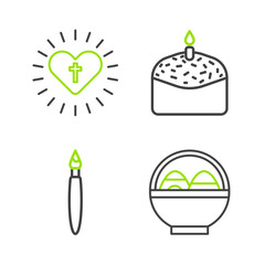 Poster - Set line Basket with easter eggs, Paint brush, Easter cake and candle and Christian cross heart icon. Vector