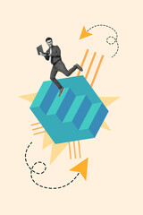 Aufkleber - Banner poster collage of manager freelance entrepreneur man using netbook achieve company career challenge growth run up on staircase
