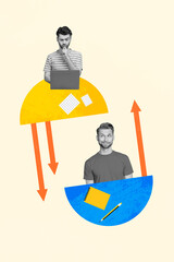 Poster - Vertical 3d image collage pinup of two guys business colleagues thoughtful use laptop work together minded isolated on beige background