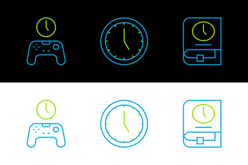 Wall Mural - Set line Time for book, Gamepad of time and Clock icon. Vector