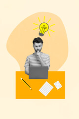 Poster - Design collage picture of young serious man thoughtful touch chin watch his netbook eureka idea write notes isolated on yellow background