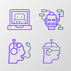 Poster - Set line Smart glasses, Robot charging battery, and Creating robot icon. Vector