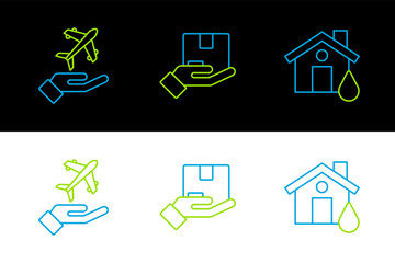 Poster - Set line House flood, Plane in hand and Delivery insurance icon. Vector