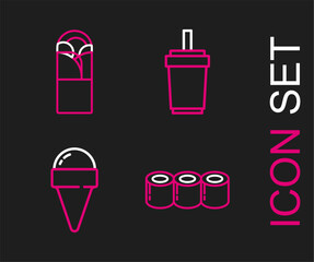 Poster - Set line Sushi, Ice cream in waffle cone, Paper glass with straw and Doner kebab icon. Vector