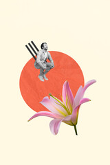 Sticker - Vertical creative collage of young crazy man jumping dive fresh lily flower have fun overjoyed spring blossom isolated on drawn background