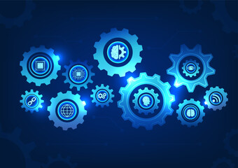 Poster - Gear technology background with smart technology Represents the drive of modern technology. gear digital hi-tech is a work of engineering that works with smart artificial intelligence technology