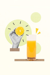 Sticker - Sketch collage picture advert natural fruit orange slice squeezing glass beverage summertime refreshing isolated on green background