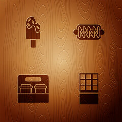 Canvas Print - Set Chocolate bar, Ice cream, Coffee cup to go and Hotdog sandwich on wooden background. Vector