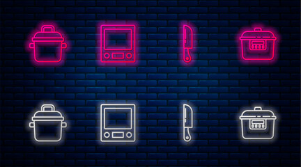 Poster - Set line Electronic scales, Knife, Cooking pot and Slow cooker. Glowing neon icon on brick wall. Vector