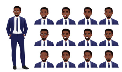 Wall Mural - Handsome business African American man in suit with different facial expressions set vector illustration isolated