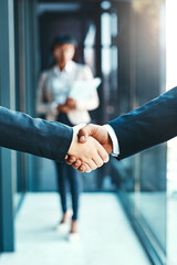 Poster - Handshake, business people with agreement and support with collaboration, welcome and introduction. Hiring, recruitment and promotion, corporate team shaking hands and partnership with networking