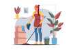 Household chores yellow concept with people scene in the flat cartoon design. Woman completes her household duties and cleans her house. Vector illustration.