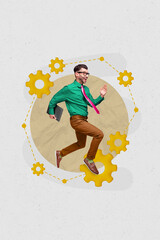 Sticker - Photo comics sketch collage picture of smiling excited guy running creating new device app isolated creative background