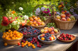 Bountiful Summer harvest outside with plenty of freshly picked berries, fruits and flowers showing Self sufficient farming and home grown food, made with Generative AI
