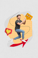 Fototapete - Abstract artwork template collage of happy smiling guy chatting instagram telegram facebook isolated painting background