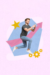Aufkleber - Creative retro 3d magazine collage image of excited guy achieving blogging success isolated colorful pink background