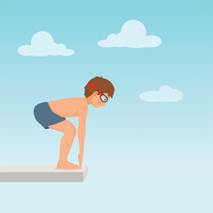 Sticker - Cute little boy in swimsuit and goggle standing on springboard preparing to jump dive into the swimming pool