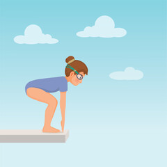 Poster - Cute little girl in swimsuit and goggle standing on springboard preparing to jump dive into the swimming pool