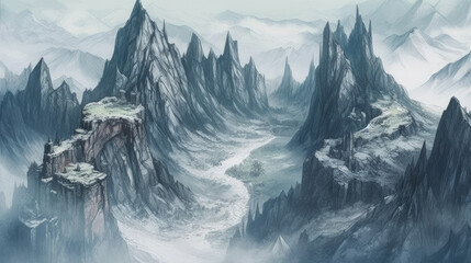Wall Mural - fantasy role play rpg landscape mountain peak valley and road - by generative ai