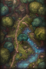 Wall Mural - fantasy top down view, forest path and river map asset - by generative ai