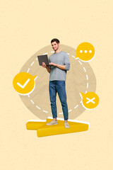 Poster - Vertical photo 3d collage confident business assistant man stand arrow pointer indicate finish deal complete isolated on yellow background