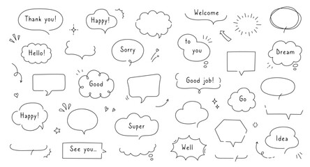 Poster - Line simple balloon frame for text title. Line decoration simple speech bubble set with comic cloud, balloon, arrow element. Hand drawn doodle sketch style. Vector illustration.
