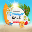 summer sale with beautiful tropical leaves, surfboard, flip flops and ball on sand.