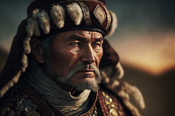 portrait of old medieval man warrior Kazakh in traditional historical armor. Generative AI illustration