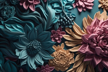 Floral pattern with colorful flowers illustration background. Wall mural in the interior, textiles, fabric background. Generative AI