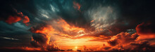 Panoramic Sunset Sky With Clouds Background: Ultra-Sharp Photography In Wide Angle. Captivating Nature's Canvas. AI Generative