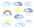 Weather elements, meteorology. Preschool. Development for children. Clouds, sun, wind, rain, wind, fog. Set of watercolor objects isolated on white background. Kids Printables