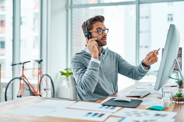 Poster - Call center, consultant and man talking advice and insurance consulting with internet telemarketing sales in agency office. Young, computer and male employee working on customer service for support