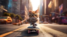 A Playful Cat Riding A Skateboard Down A Vibrant City Street