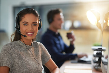Aufkleber - Call center, happy and portrait of woman at computer for customer service, help desk and consulting. Smile, night and ecommerce with employee in office for contact us, telemarketing and receptionist