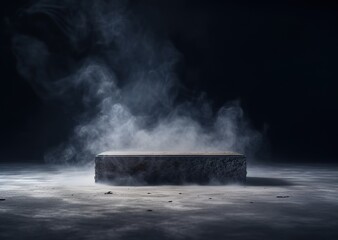 Storm in the dark. Smoke over the floor. Concrete platform podium with smoke. generative ai