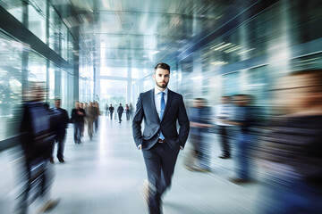 Wall Mural - Business people walking in motion blur, blurred businessman working in modern office