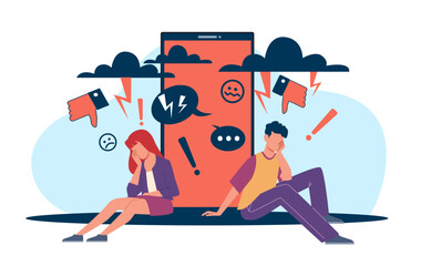 Depressed boyfriend and girlfriend victim of Internet bullying, cyberbullying, online violence. Girl and boy with huge smartphone. Hate in social media. Cartoon flat style vector concept