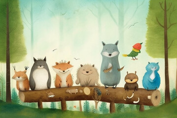 Animals in a forest working together, smiling, joyful, sunny background. AI generative