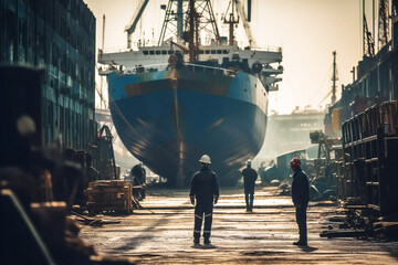 Wall Mural - Shipyard workers with a ship under construction in background. Created with Generative AI technology.