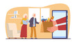 © YummyBuum - Elderly people order fresh food delivery online. Hands hold bag with grocery, huge smartphone, grandfather and grandmother at home. Fast shipping cartoon flat isolated vector concept