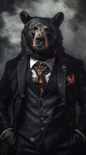 Black Bear Dressed In An Elegant And Modern Suit With A Nice Tie. Fashion Portrait Of An Anthropomorphic Animal, Shooted In A Charismatic Human Attitude - Generative AI