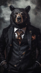 Wall Mural - Black bear dressed in an elegant and modern suit with a nice tie. Fashion portrait of an anthropomorphic animal, shooted in a charismatic human attitude - Generative AI