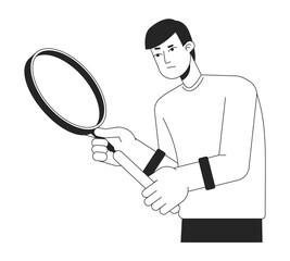 Wall Mural - Doubtful caucasian young man holding loupe flat line black white vector character. Editable outline half body person. Male inspector simple cartoon isolated spot illustration for web graphic design