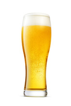 Weizen Glass Of Fresh Yellow Beer With Cap Of Foam Isolated. Transparent PNG Image.