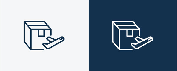 Sticker - delivery by plane icon. Outline delivery by plane icon from delivery and logistics collection. linear vector isolated on white and dark blue background. Editable delivery by plane symbol.